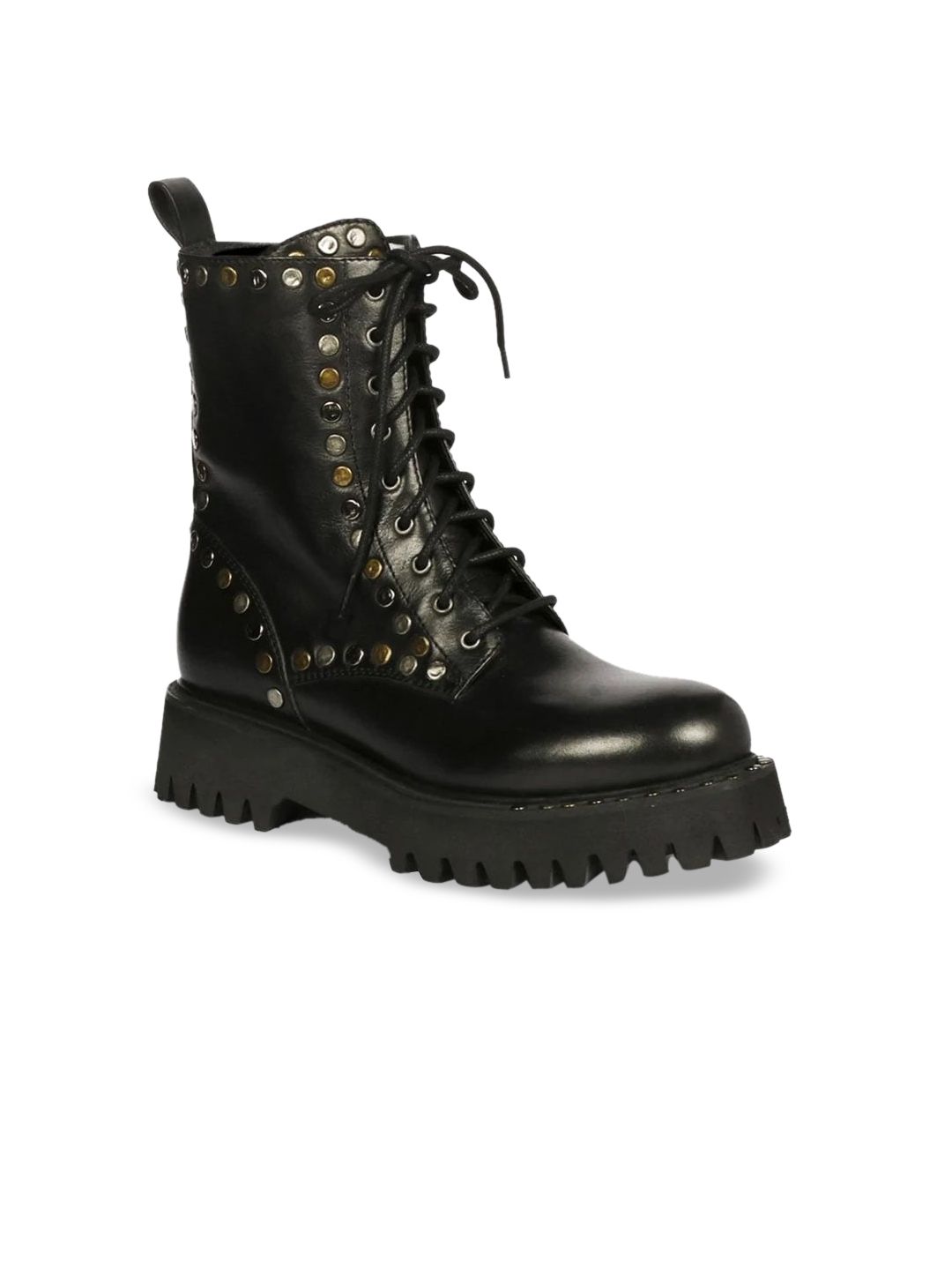 Saint G Black Metal Studs Lace Up High Ankle Leather Boots Price in India