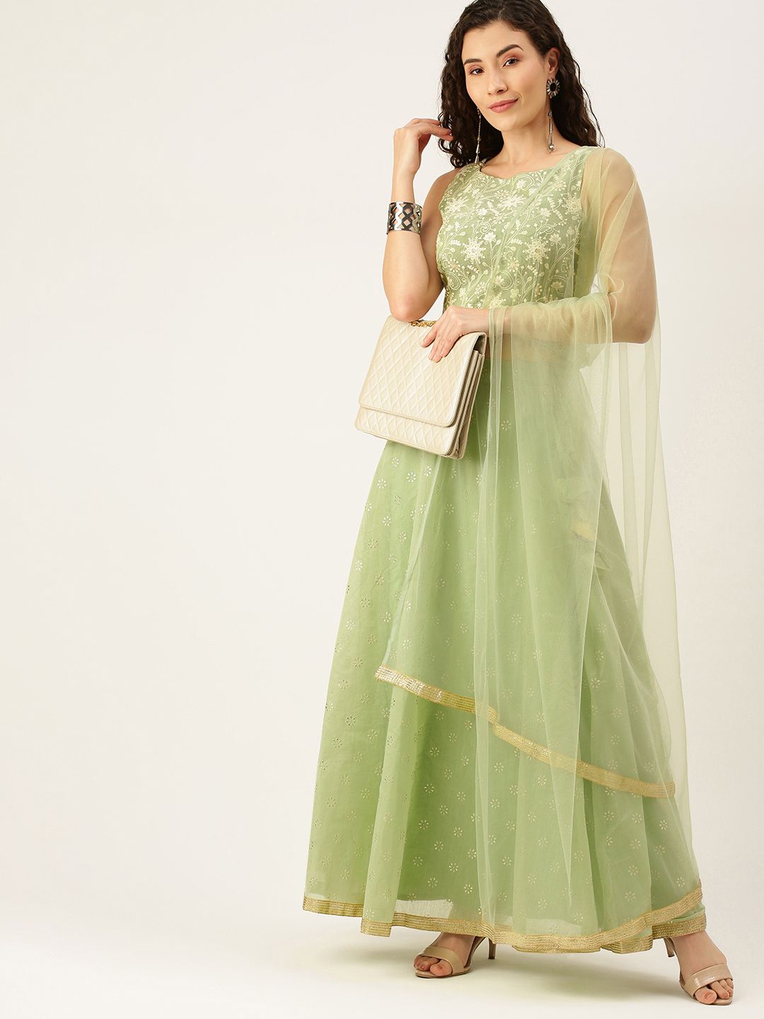 SWAGG INDIA Green Embroidered Thread Work Ready to Wear Lehenga & Blouse With Dupatta Price in India