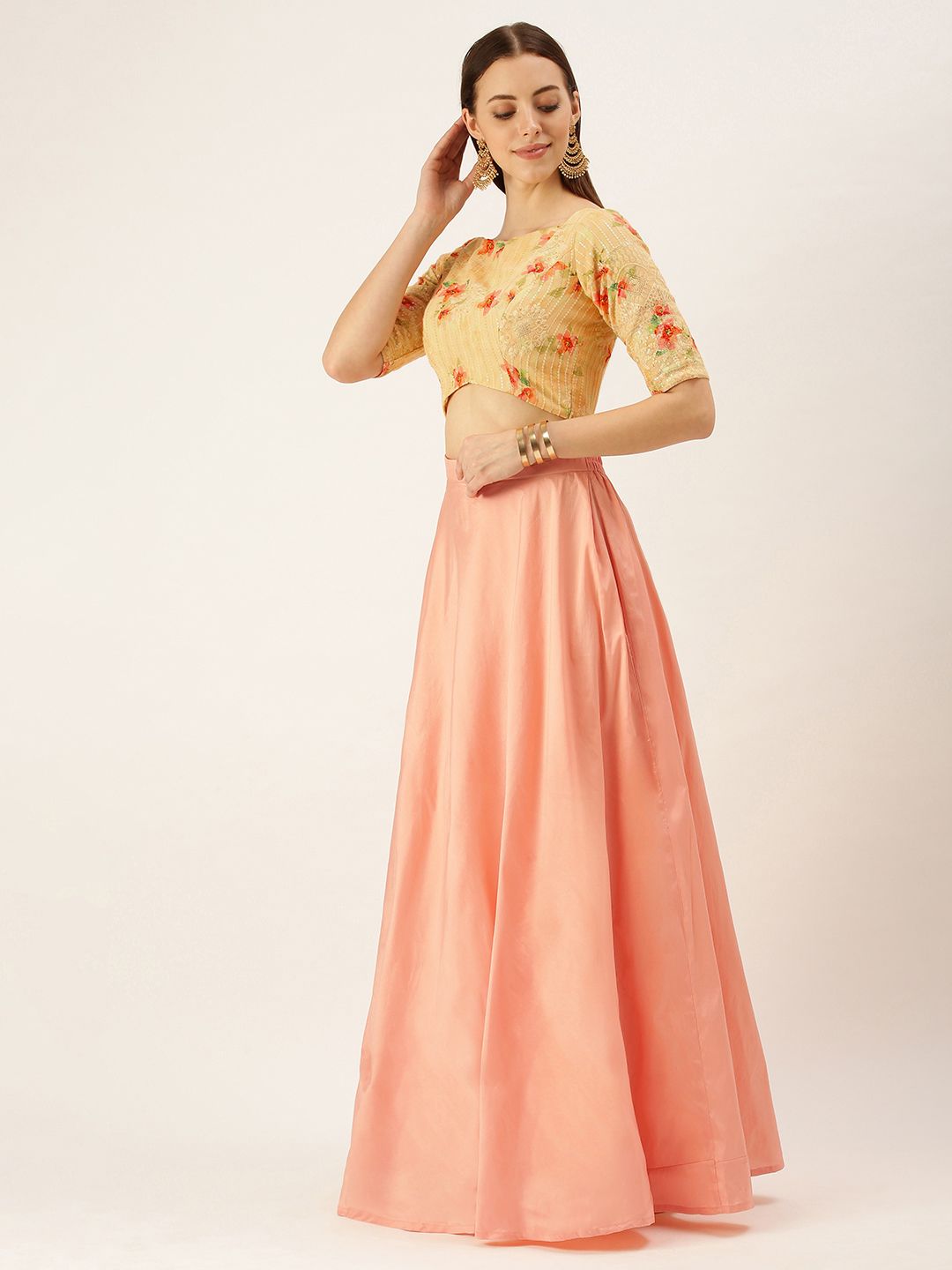 EthnoVogue Peach-Coloured & Beige Fusion Made to Measure Lehenga & Blouse Price in India