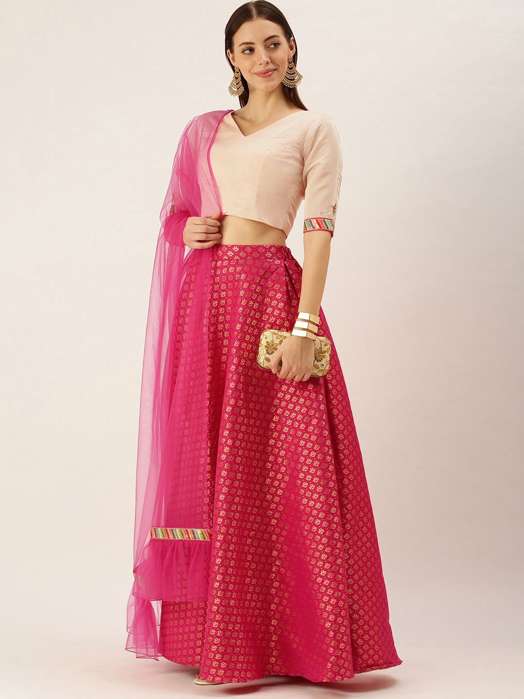 EthnoVogue Pink & Golden Self Design Made to Measure Lehenga & Blouse With Dupatta Price in India