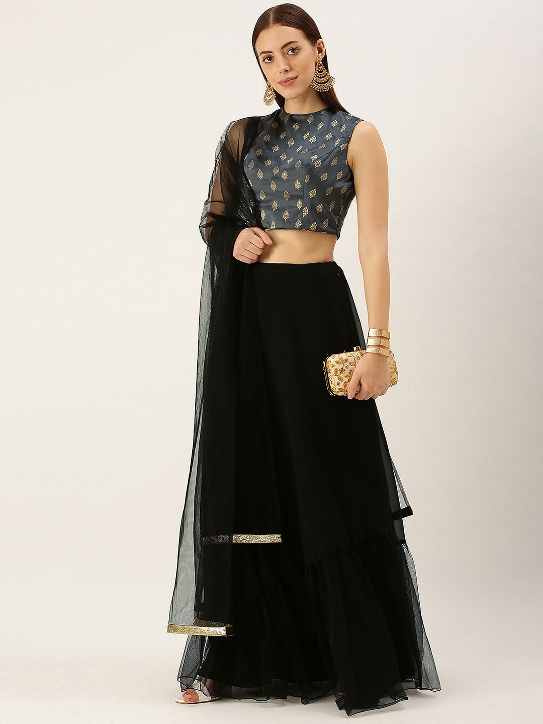 EthnoVogue Black & Charcoal Grey Made to Measure Lehenga & Blouse With Dupatta