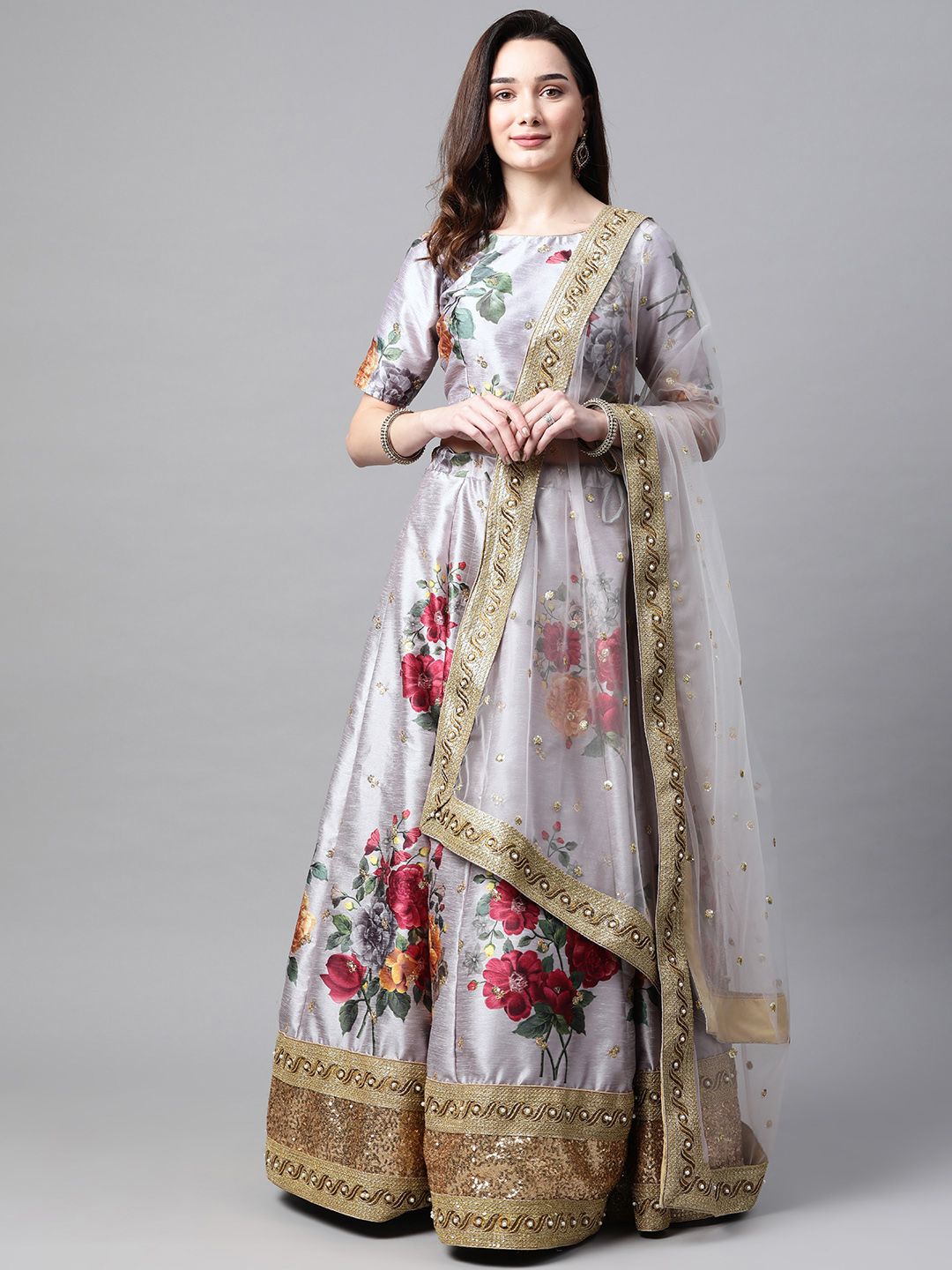 Readiprint Fashions Grey & Red Printed Semi-Stitched Lehenga & Blouse with Dupatta Price in India
