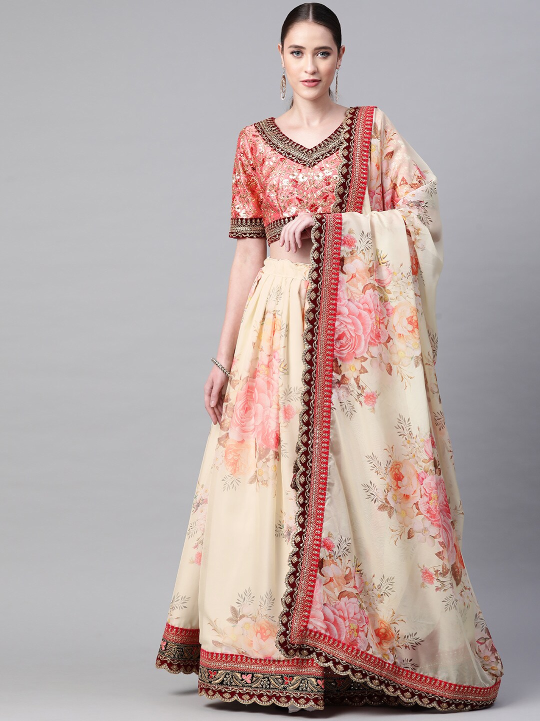 Readiprint Fashions Beige & Pink Embroidered Semi-Stitched Lehenga & Blouse with Dupatta Price in India