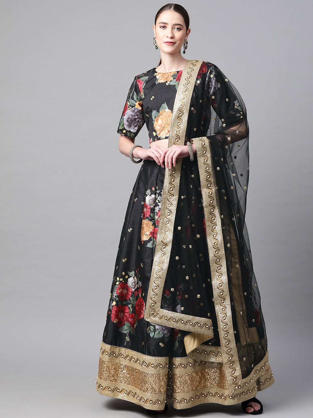 Readiprint Fashions Black & Red Printed Semi-Stitched Lehenga & Blouse with Dupatta Price in India