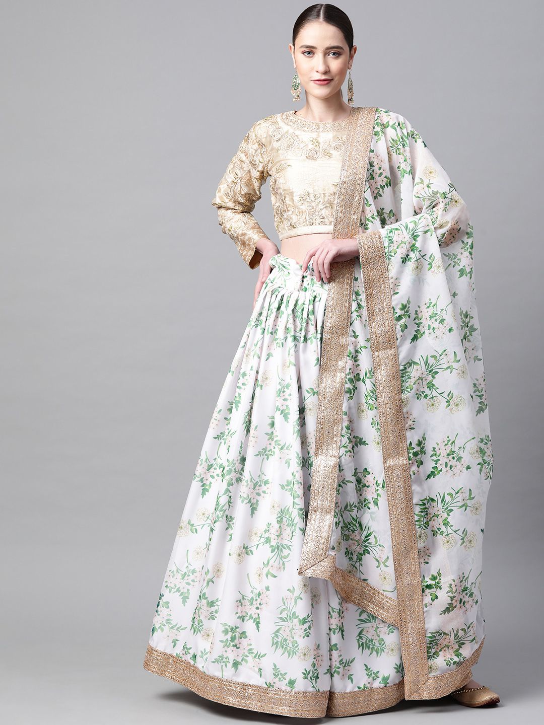 Readiprint Fashions White & Golden Embroidered Semi-Stitched Lehenga & Blouse with Dupatta Price in India