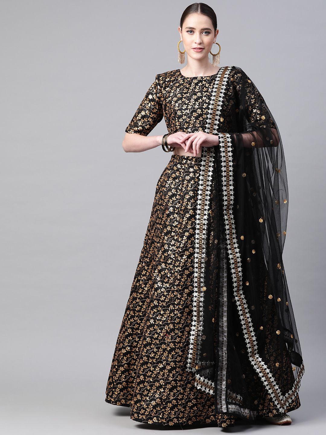 Readiprint Fashions Black & Gold-Toned Embellished Sequinned Semi-Stitched Lehenga & Unstitched Blouse With Price in India