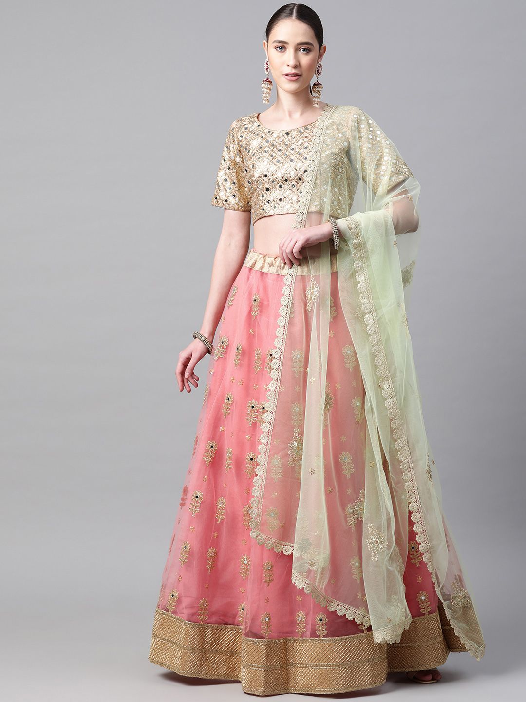 Readiprint Fashions Pink & Golden Embellished Semi-Stitched Lehenga & Blouse with Dupatta Price in India