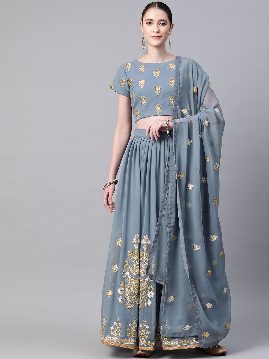 Readiprint Fashions Grey & Golden Embellished Semi-Stitched Lehenga & Blouse with Dupatta Price in India