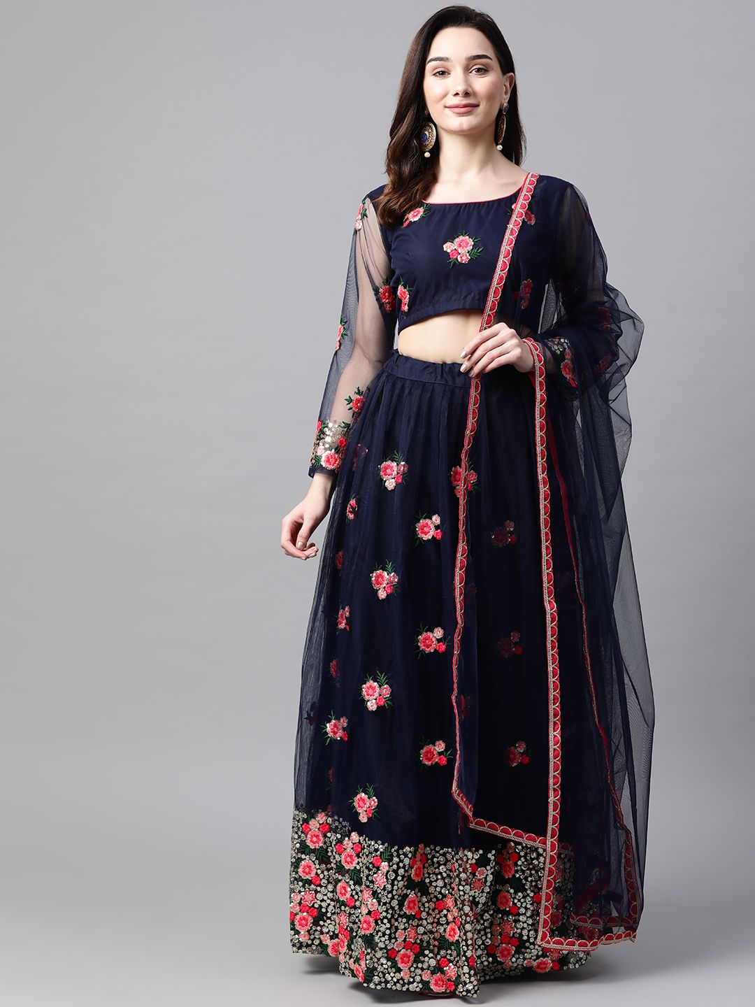 Readiprint Fashions Navy Blue Embroidered Semi-Stitched Lehenga & Blouse with Dupatta Price in India