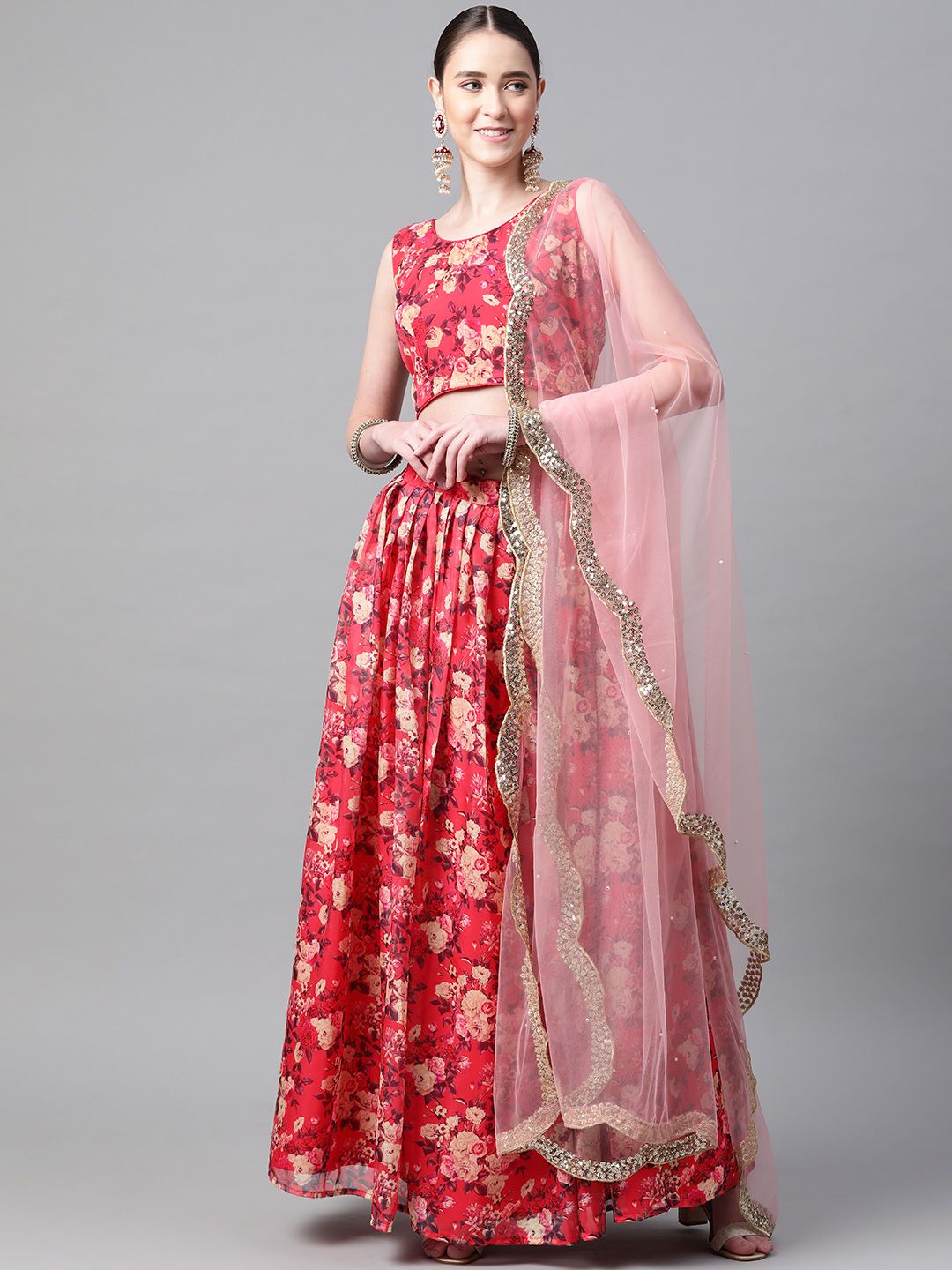 Readiprint Fashions Red & Pink Printed Semi-Stitched Lehenga & Blouse with Dupatta Price in India