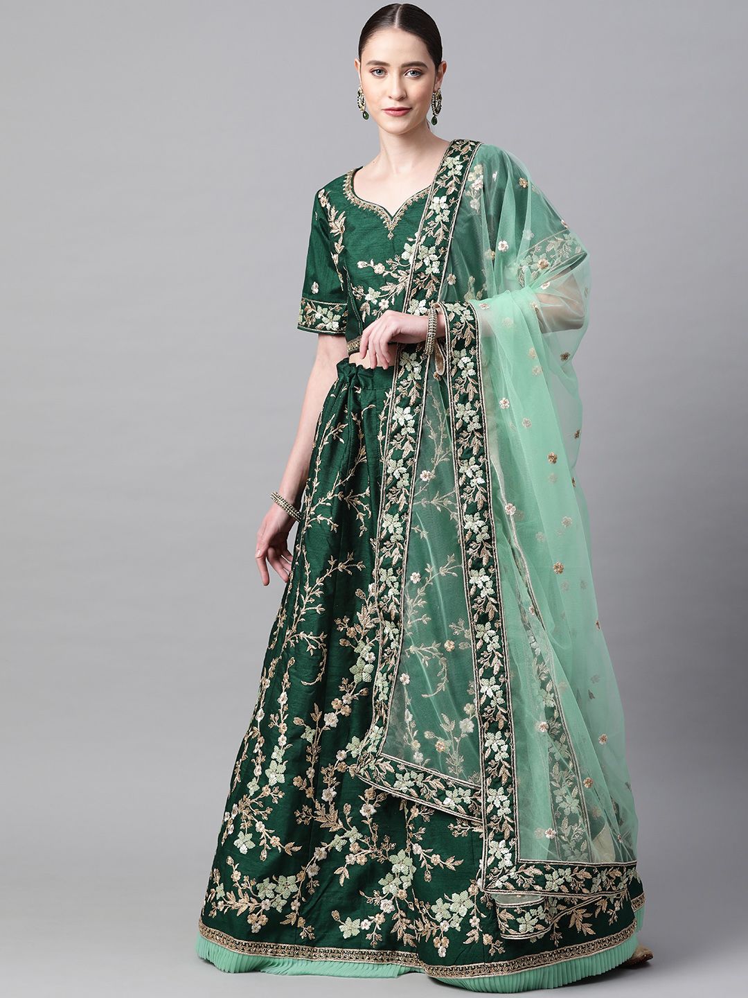 Readiprint Fashions Green & Golden Embroidered Semi-Stitched Lehenga & Blouse with Dupatta Price in India