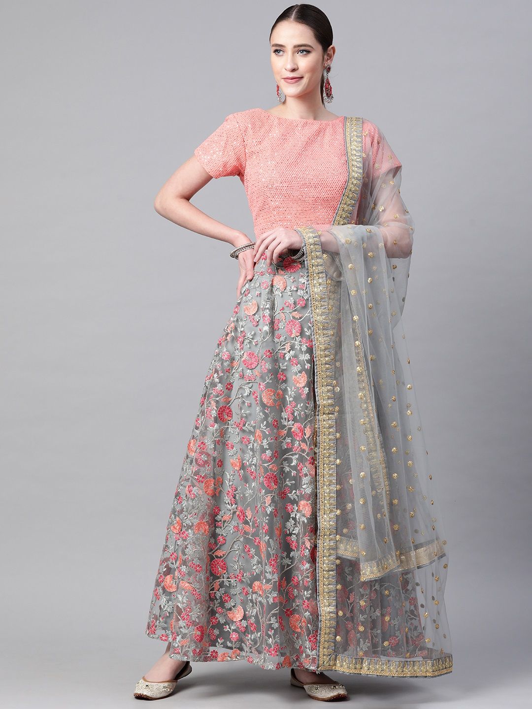 Readiprint Fashions Grey & Pink Embroidered Thread Work Semi-Stitched Lehenga & Unstitched Blouse With Price in India