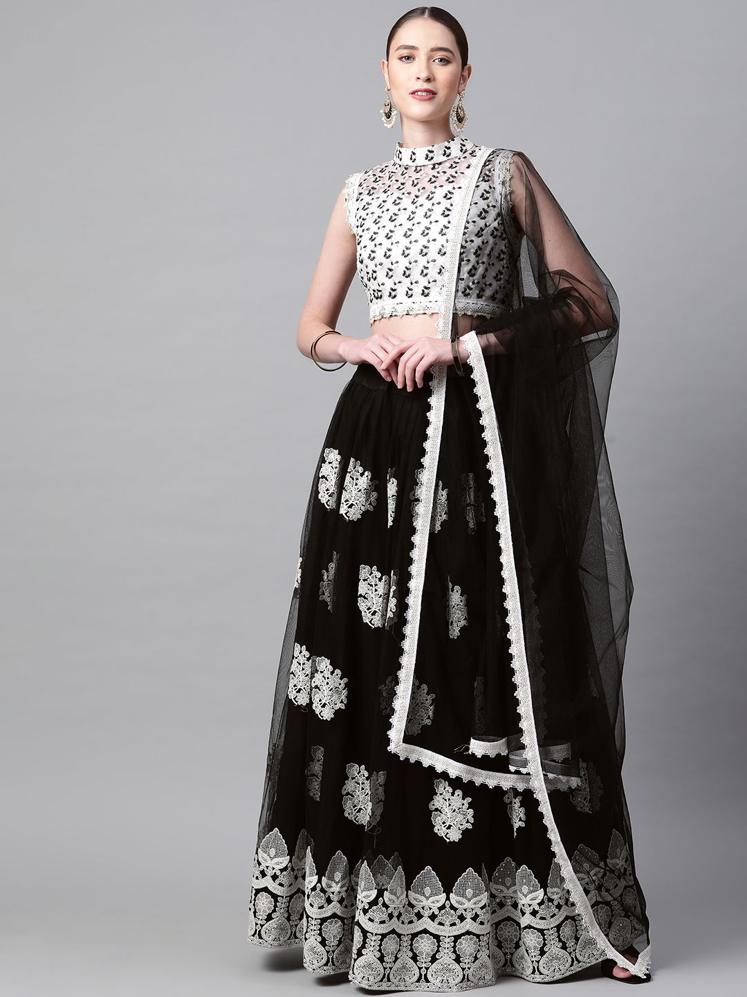 Readiprint Fashions Black & White Embellished Semi-Stitched Lehenga & Blouse with Dupatta Price in India