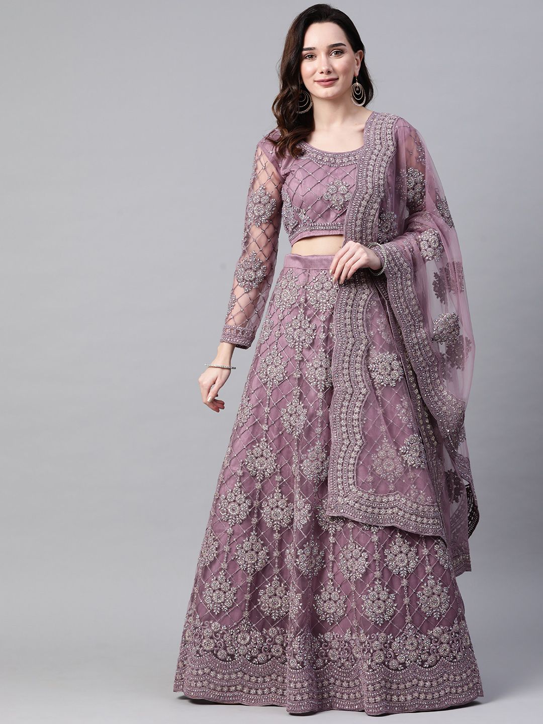 Readiprint Fashions Mauve Embellished Beads and Stones Semi-Stitched Lehenga & Unstitched Blouse With Price in India