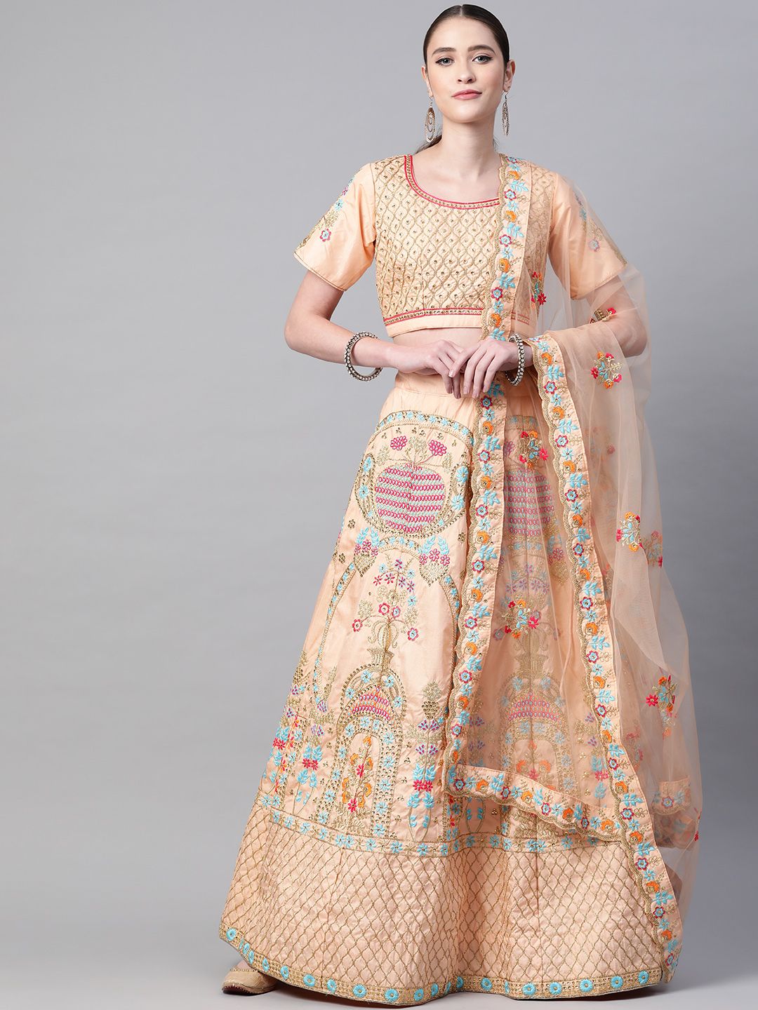 Readiprint Fashions Peach-Coloured & Pink Embroidered Thread Work Semi-Stitched Lehenga & Unstitched Blouse Price in India