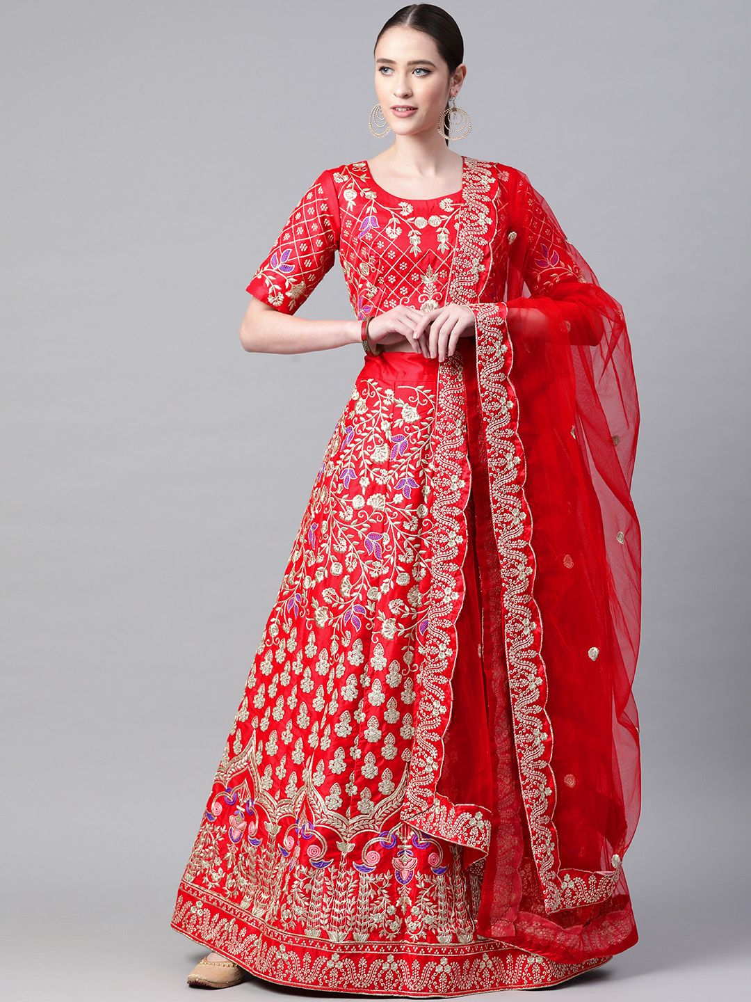 Readiprint Fashions Red & Gold-Toned Embroidered Sequinned Semi-Stitched Lehenga & Unstitched Blouse With Price in India