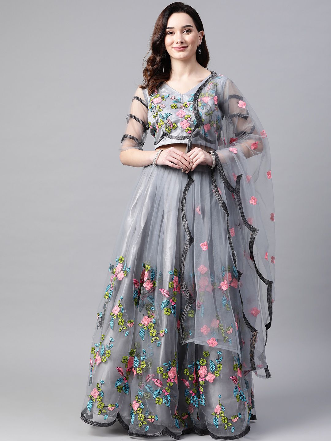 Readiprint Fashions Grey Embroidered Thread Work Semi-Stitched Lehenga & Unstitched Blouse With Dupatta Price in India