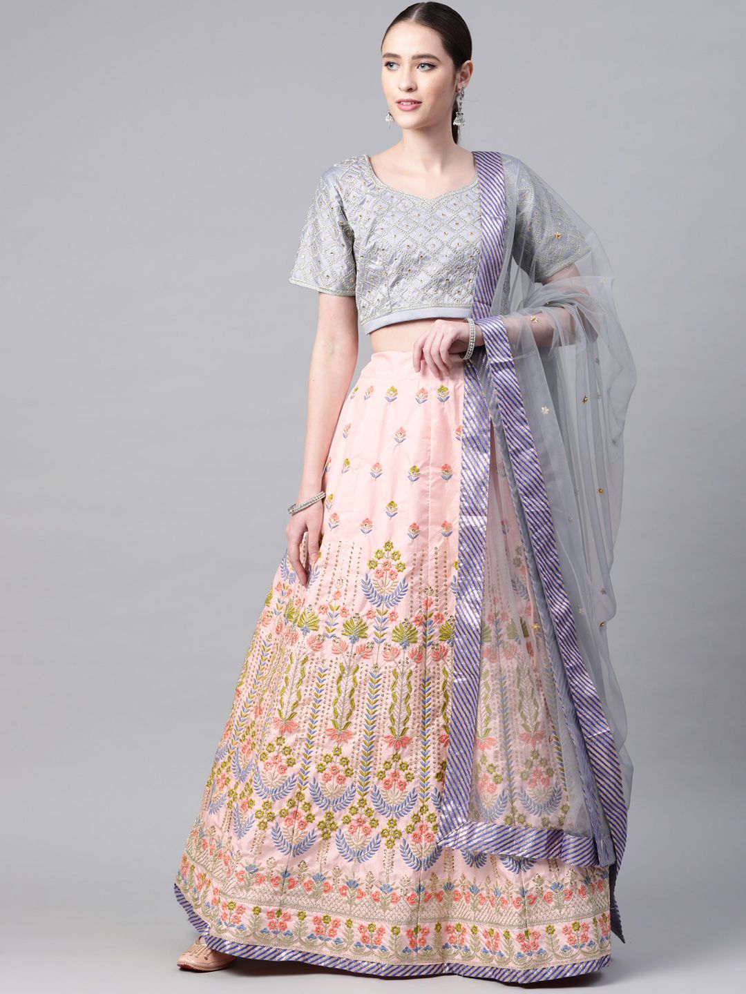 Readiprint Fashions Pink & Grey Embellished Sequinned Semi-Stitched Lehenga & Unstitched Blouse With Dupatta Price in India