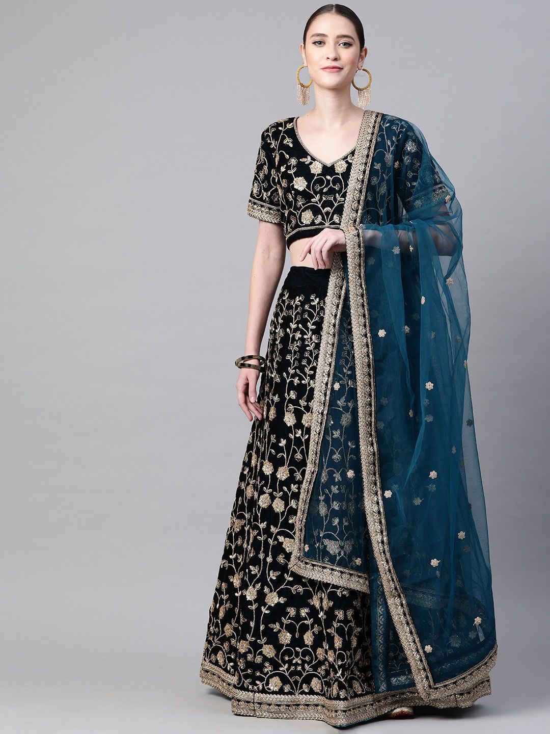 Readiprint Fashions Teal & Gold-Toned Embroidered Thread Work Semi-Stitched Lehenga & Unstitched Blouse With Price in India