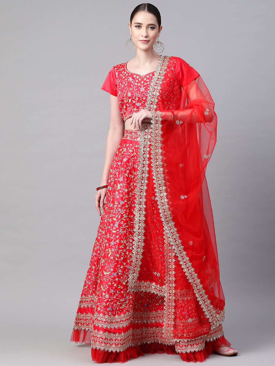 Readiprint Fashions Red & Purple Embroidered Sequinned Semi-Stitched Lehenga & Unstitched Blouse With Price in India