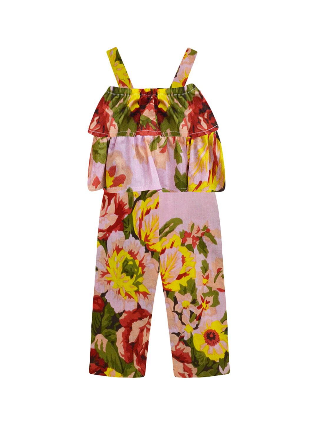 A T U N Girls Pink & Yellow Printed Basic Jumpsuit with Ruffles
