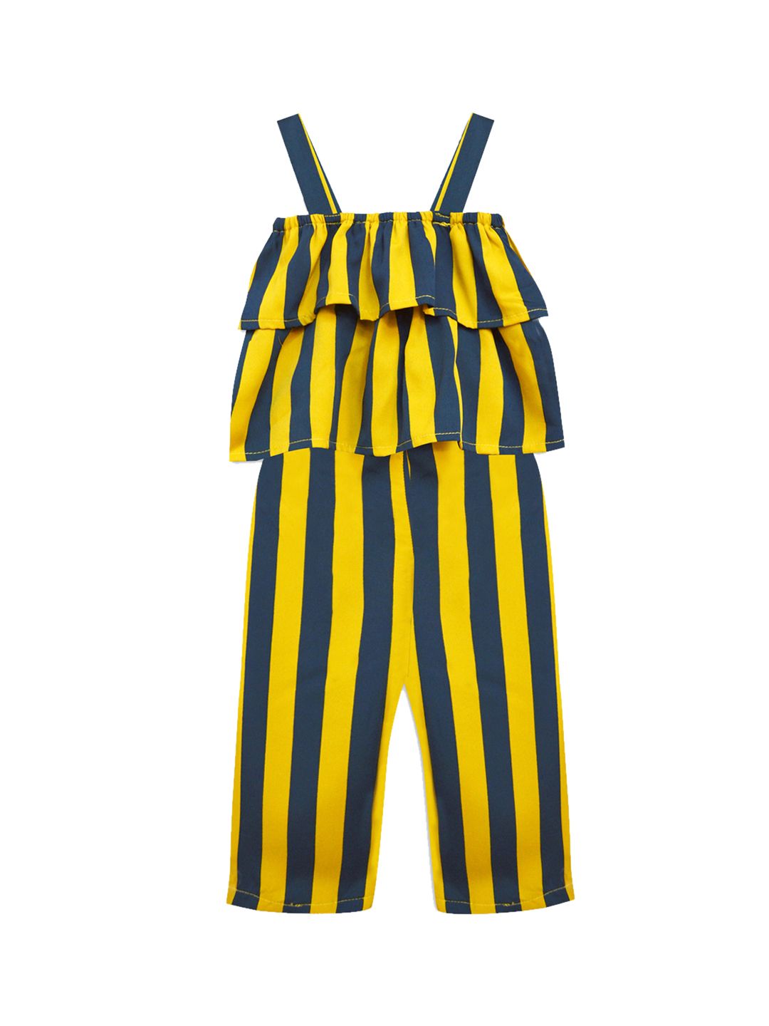 A T U N Girls Yellow & Navy Blue Striped Basic Jumpsuit with Ruffles