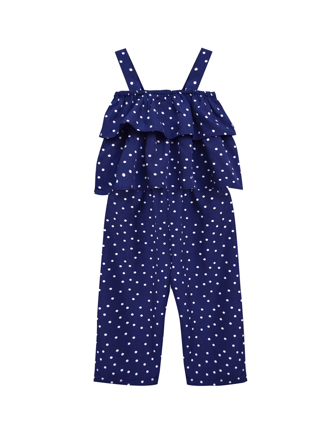 A T U N Girls Navy Blue & White Printed Basic Jumpsuit with Ruffles