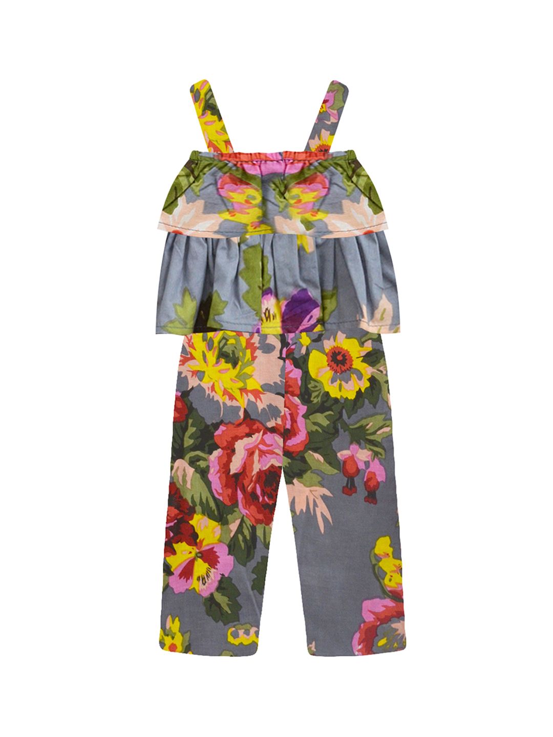 A T U N Girls Grey & Yellow Printed Basic Jumpsuit with Ruffles