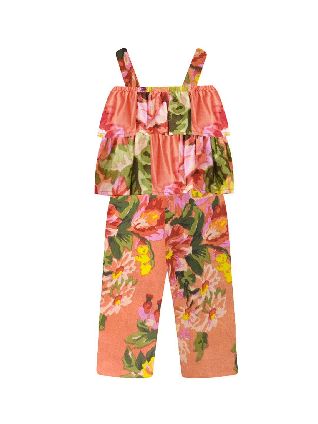 A T U N Girls Peach-Coloured Printed Basic Jumpsuit