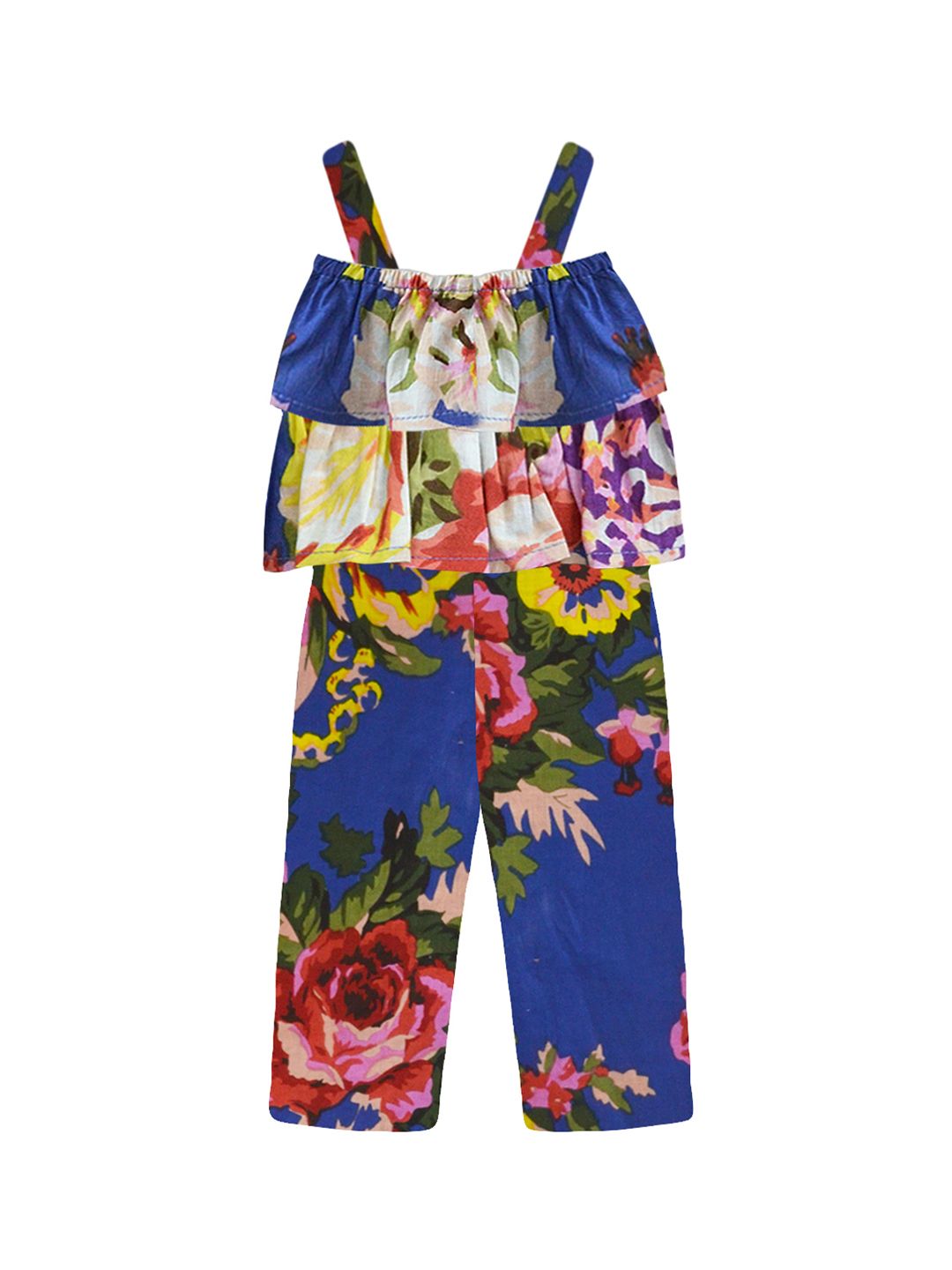 A.T.U.N. Girls Blue & Pink Printed Basic Jumpsuit with Ruffles