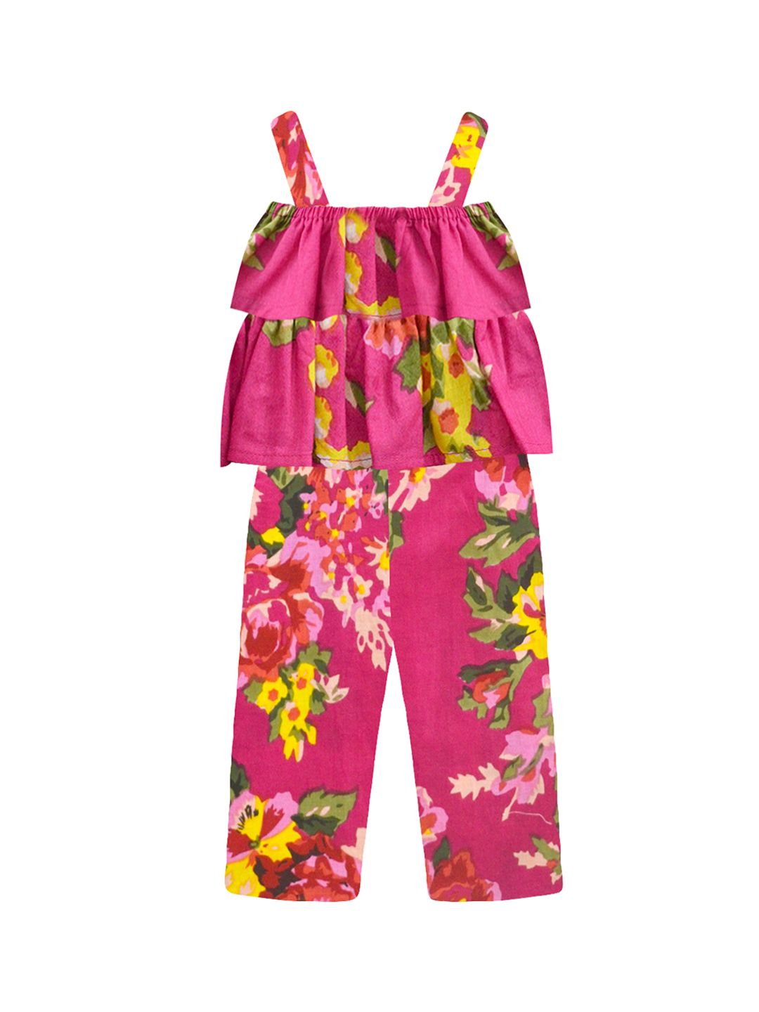 A T U N Girls Pink & Yellow Printed Basic Jumpsuit with Ruffles