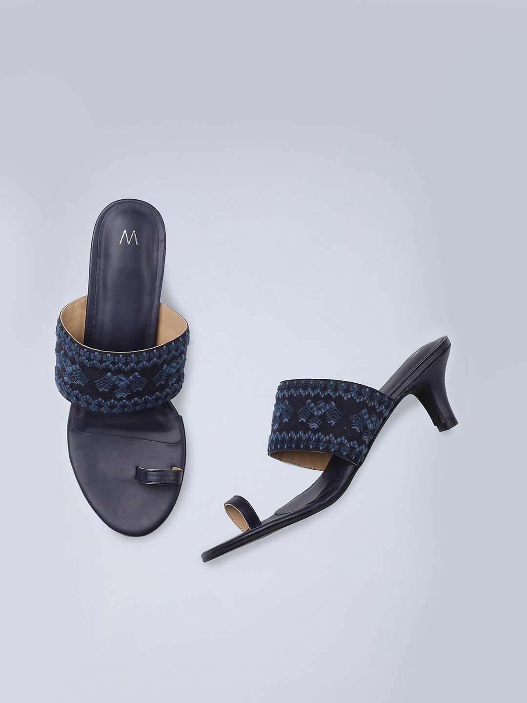 W Navy Blue Embellished Ethnic Kitten Sandals Price in India