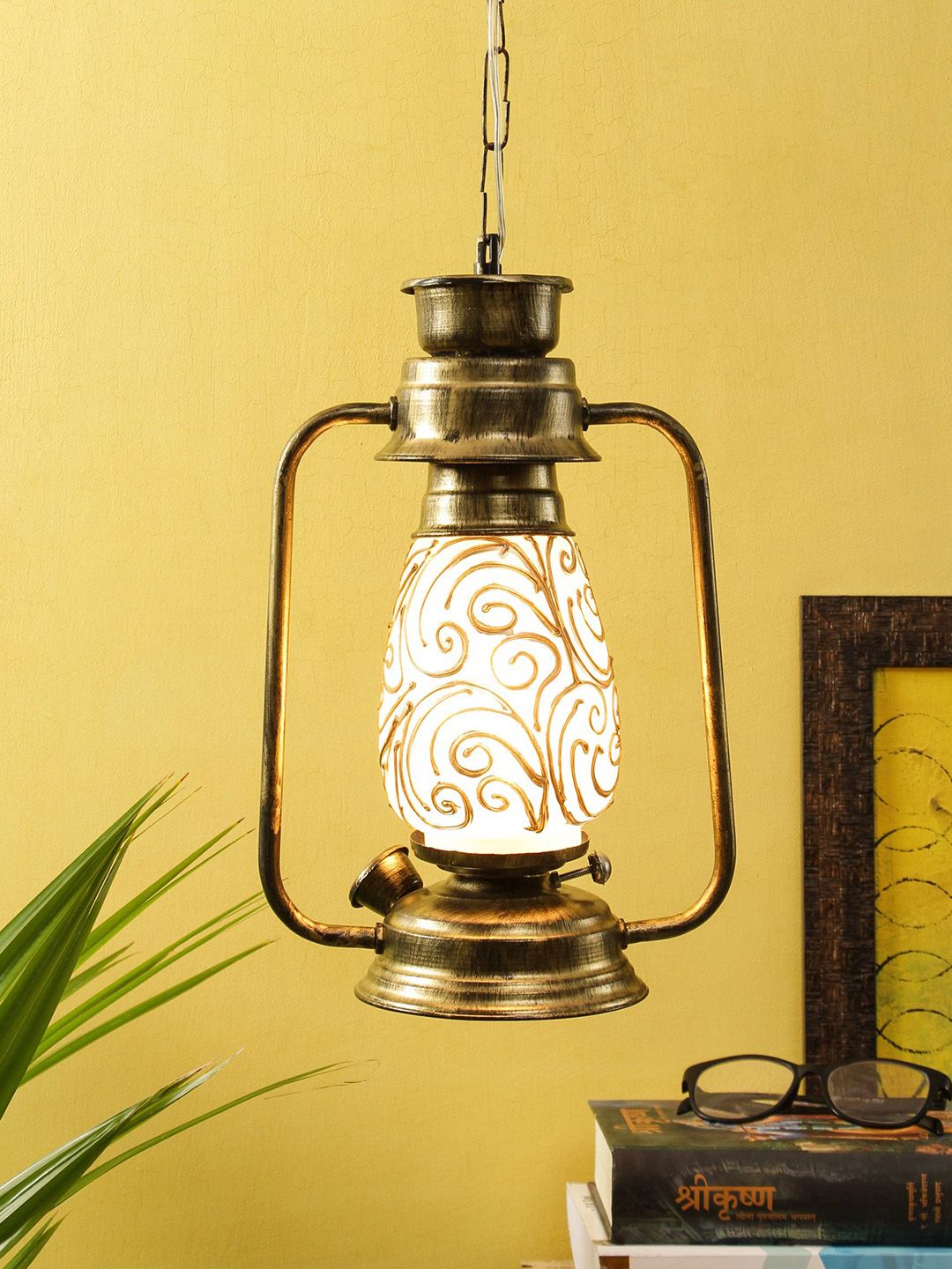 Devansh Golden Antique Golden Glass Hanging Lantern Price in India