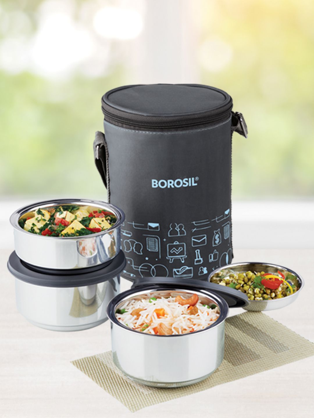 BOROSIL Set of 3 Steel Insulated Lunch Box with Bag Price in India