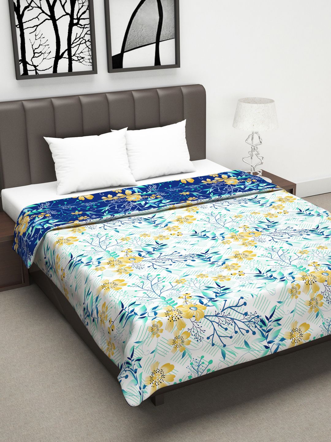 Divine Casa Blue & Yellow Floral AC Room 120 GSM Double Bed Dohar Price in India