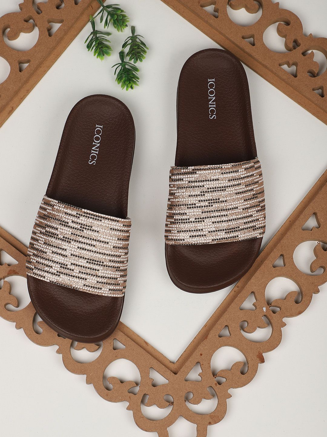 ICONICS Women Brown Printed Sliders Price in India