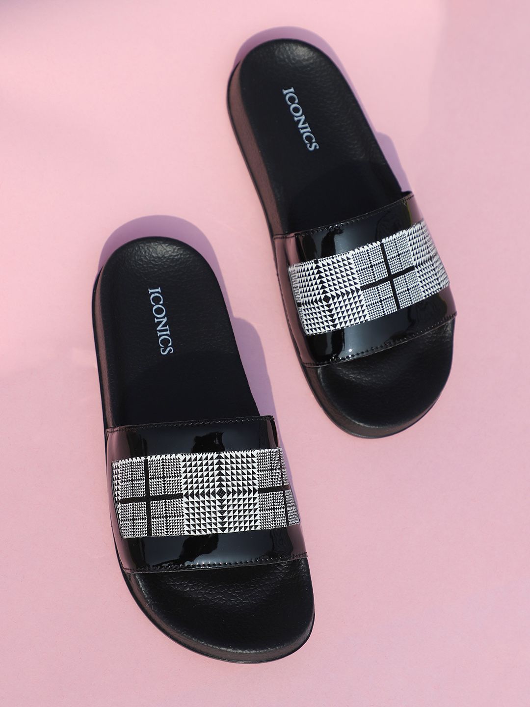 ICONICS Women Black & White Embellished Sliders Price in India