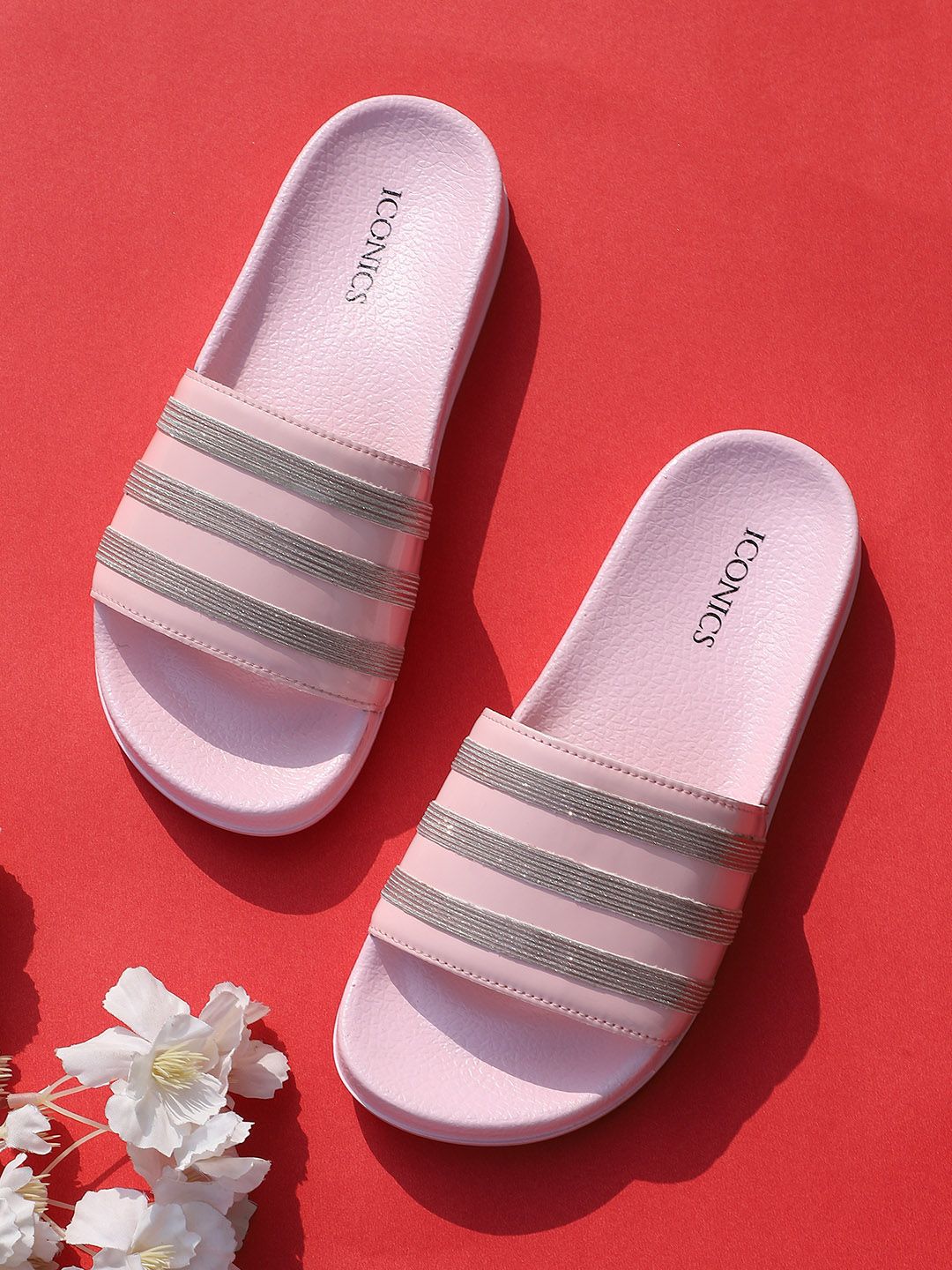 ICONICS Women Pink & Silver-Toned Striped Sliders Price in India