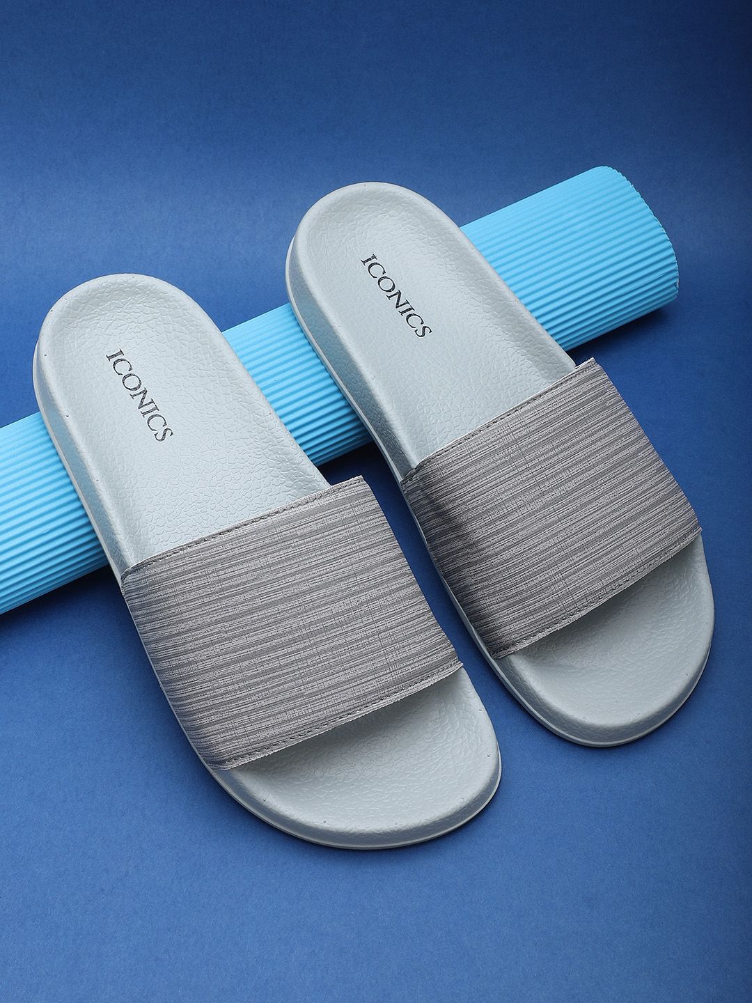 ICONICS Women Grey Striped Sliders Price in India