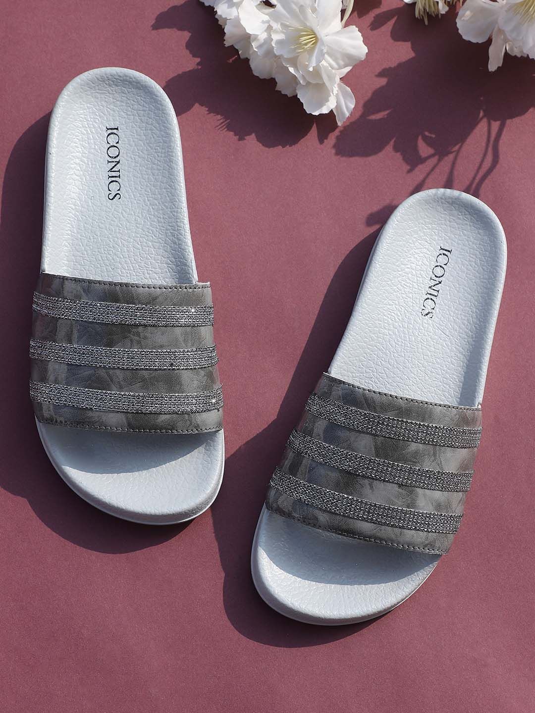 ICONICS Women Grey Striped Sliders Price in India