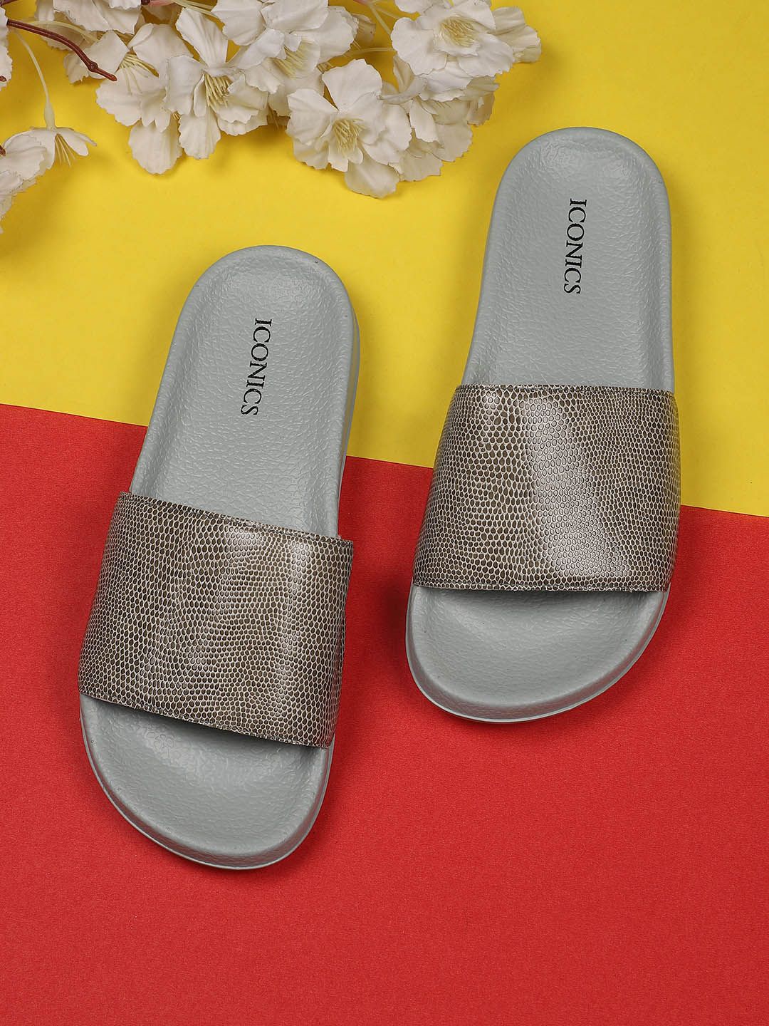 ICONICS Women Grey & Gold-Toned Printed Sliders Price in India