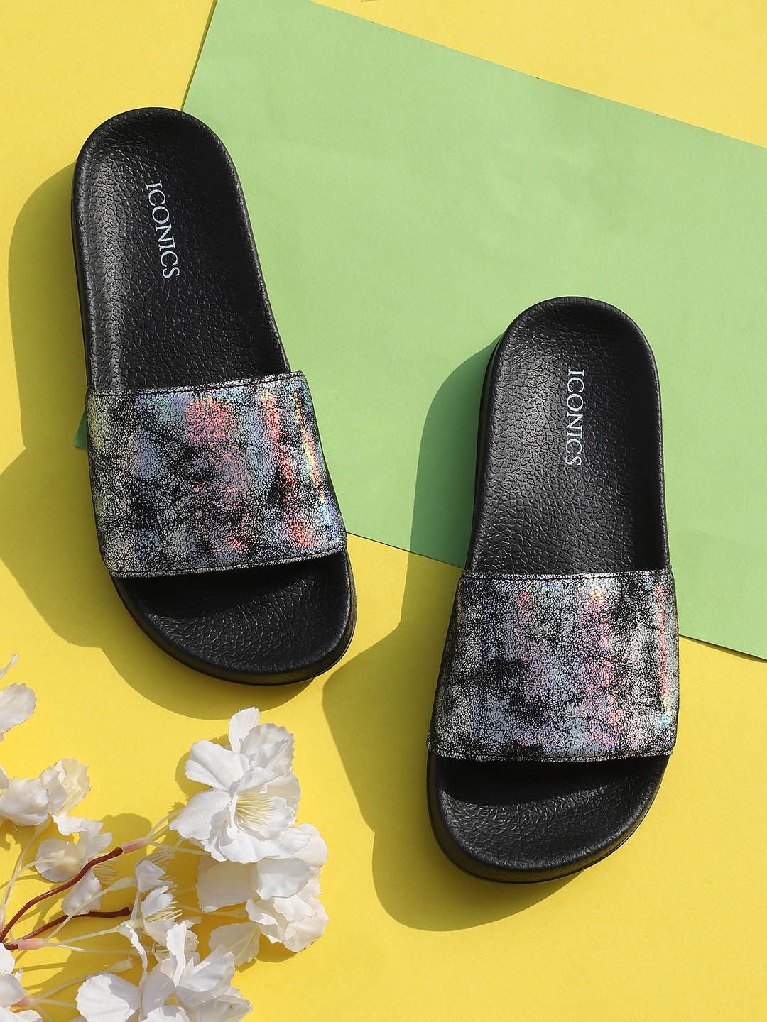 ICONICS Women Silver-Toned & Black Sliders Price in India
