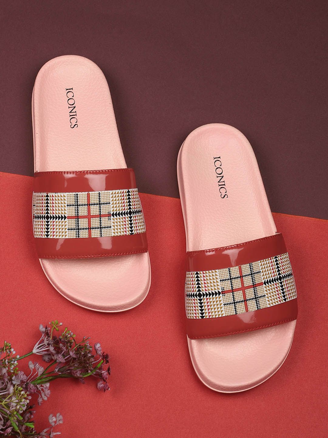 ICONICS Women Red & Pink Printed Sliders Price in India