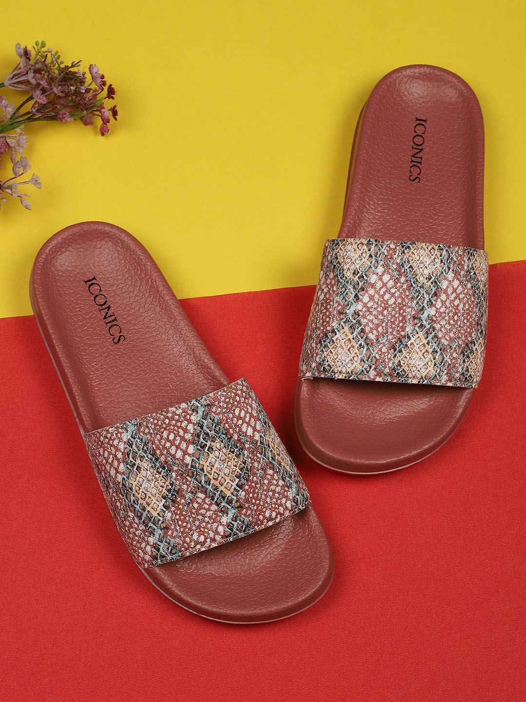 ICONICS Women Mauve & Beige Printed Sliders Price in India