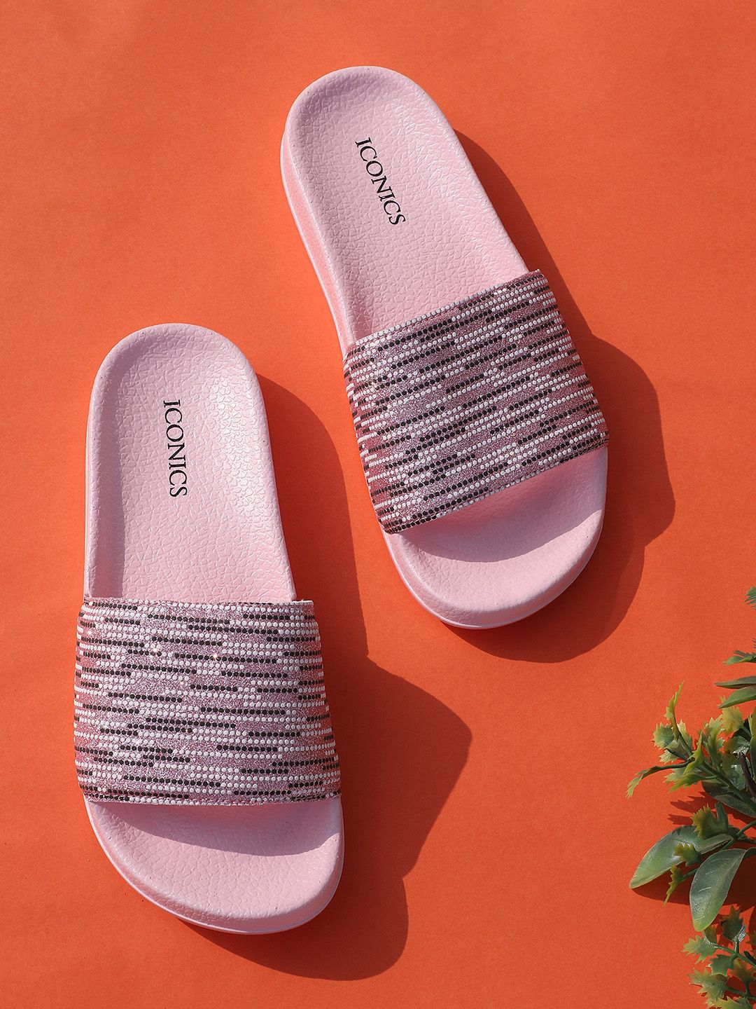 ICONICS Women Pink Printed Sliders Price in India