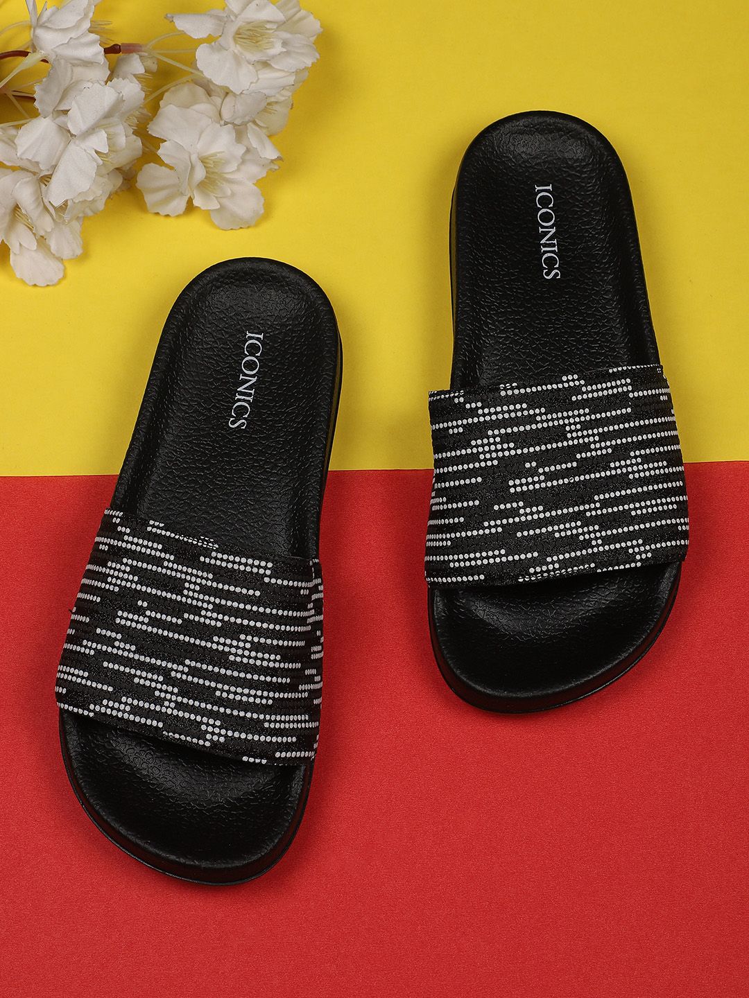 ICONICS Women Black & Grey Printed Sliders Price in India