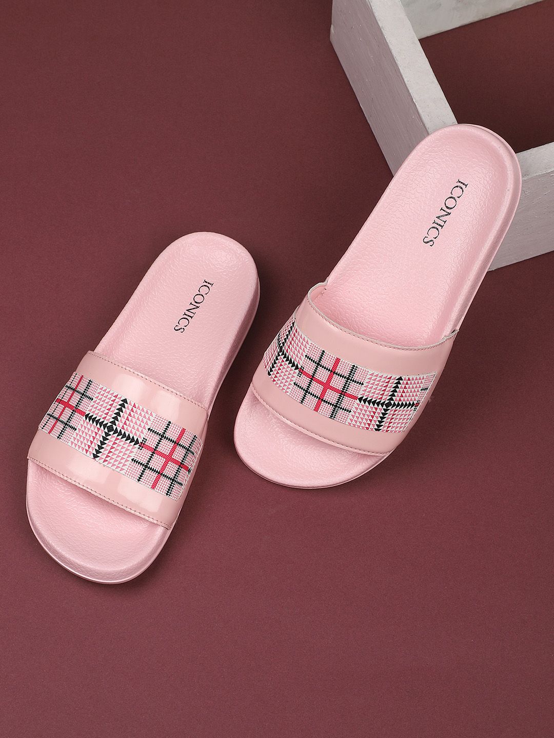 ICONICS Women Pink & Black Printed Sliders Price in India