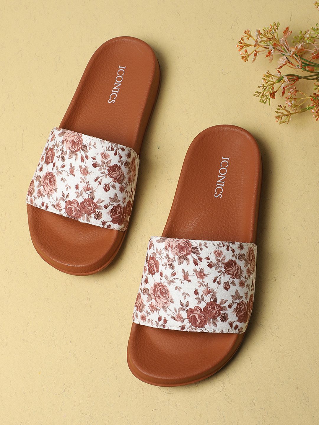 ICONICS Women Brown & White Printed Sliders Price in India