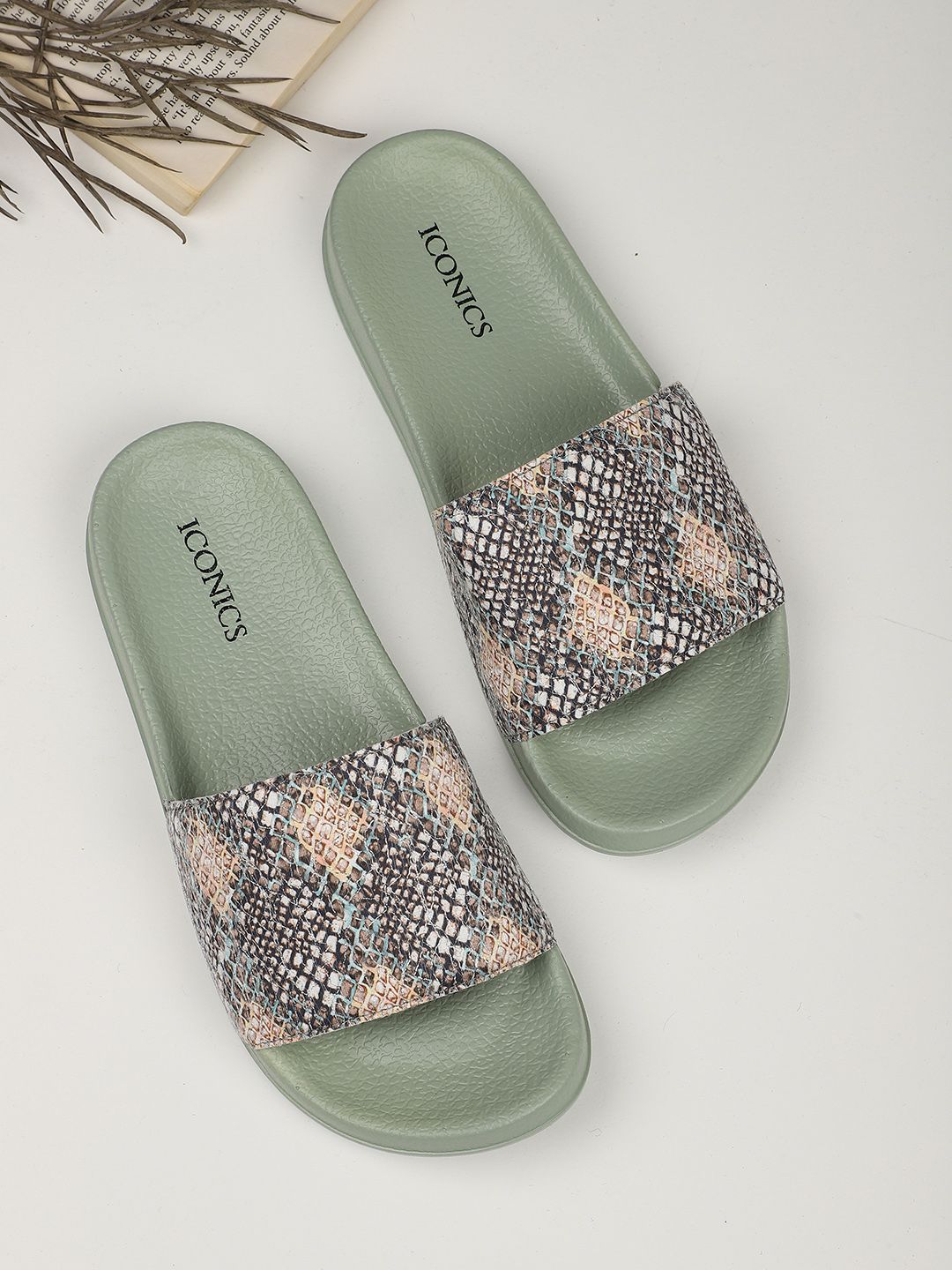 ICONICS Women Green & Black Printed Sliders Price in India