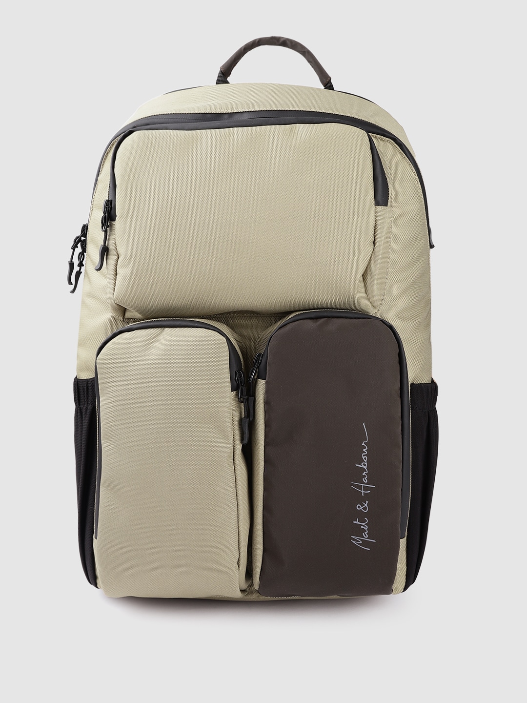Mast & Harbour Unisex Beige & Coffee Brown Colourblocked Brand Logo Print Backpack Price in India